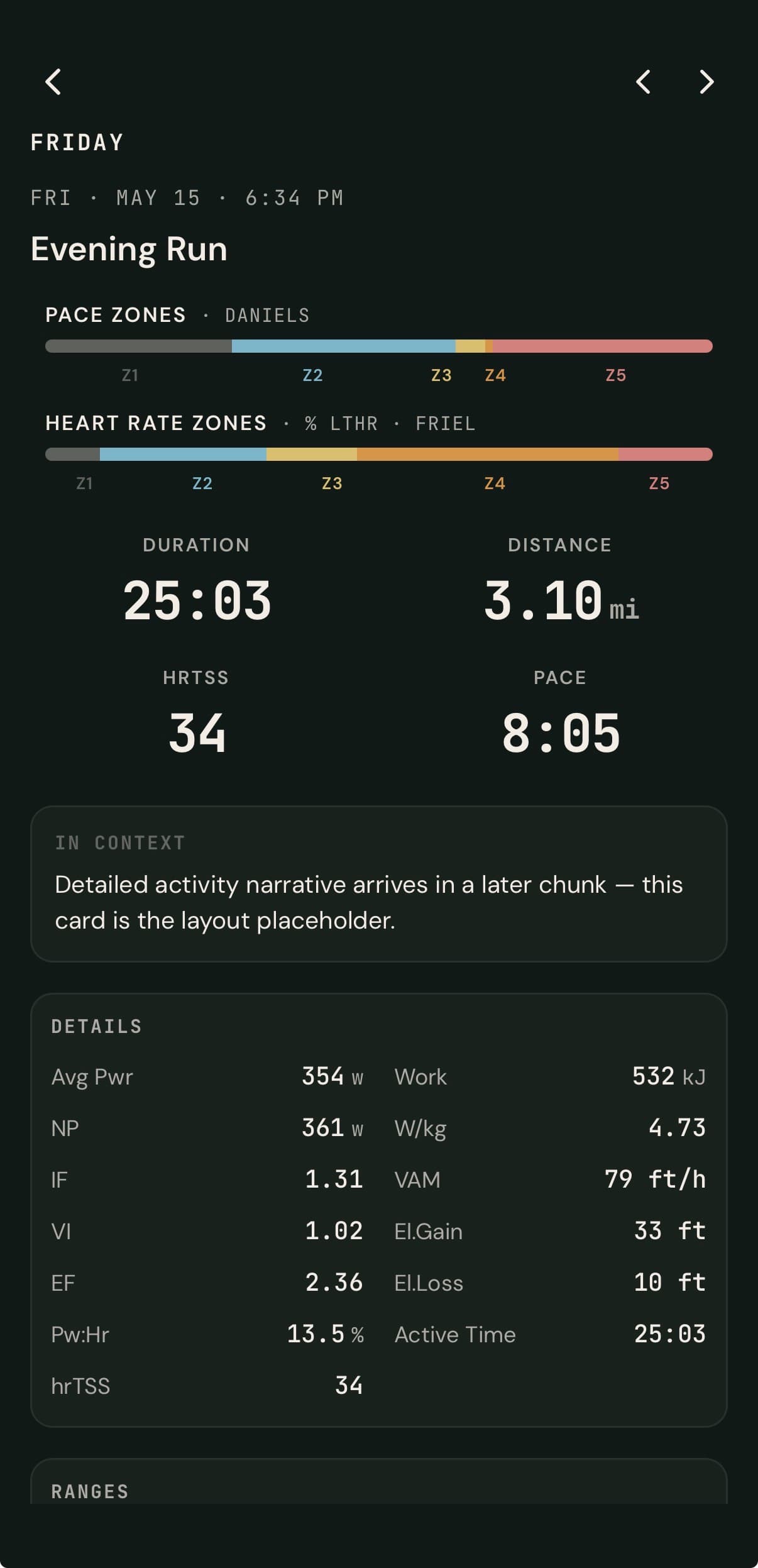 Friday Evening Run activity detail: pace zones, heart-rate zones, NP, IF, hrTSS, and full metric panel