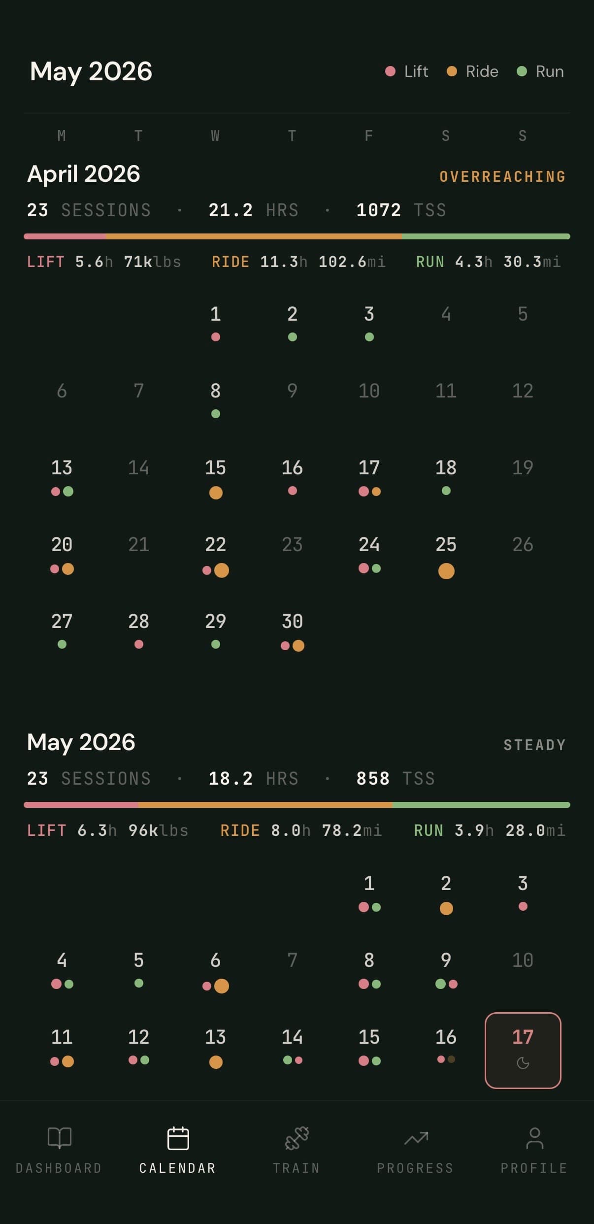 May 2026 calendar with discipline-colored dots across the month