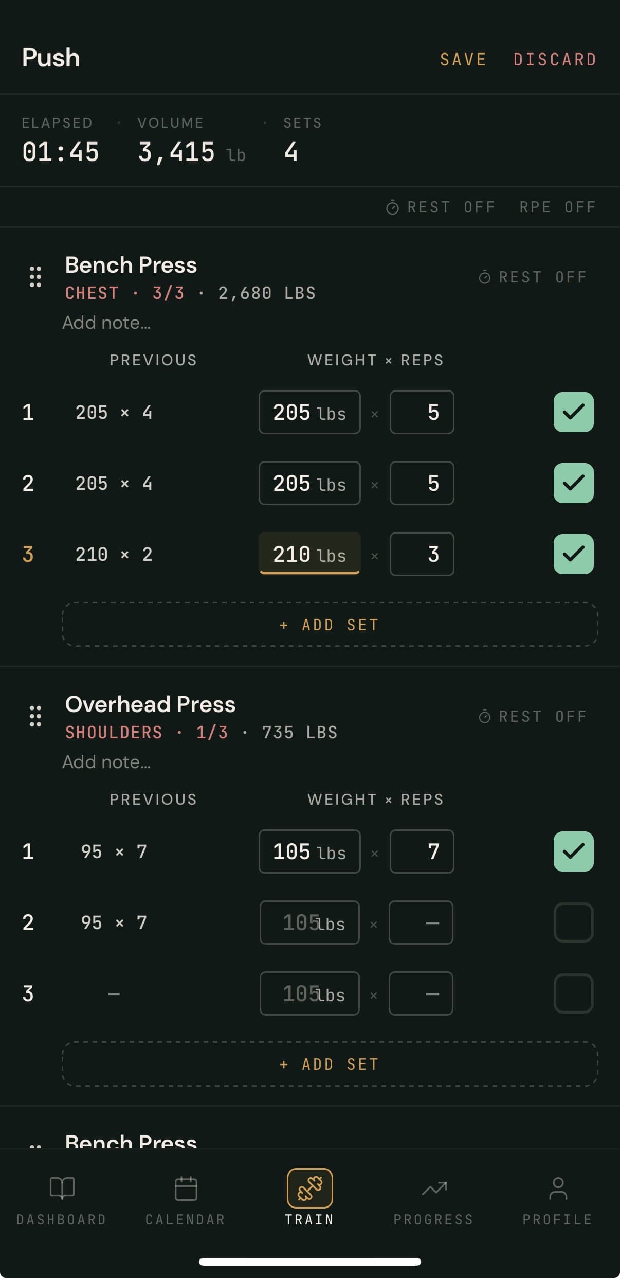 Push workout in progress: Bench Press 3×5 logged, Overhead Press in progress