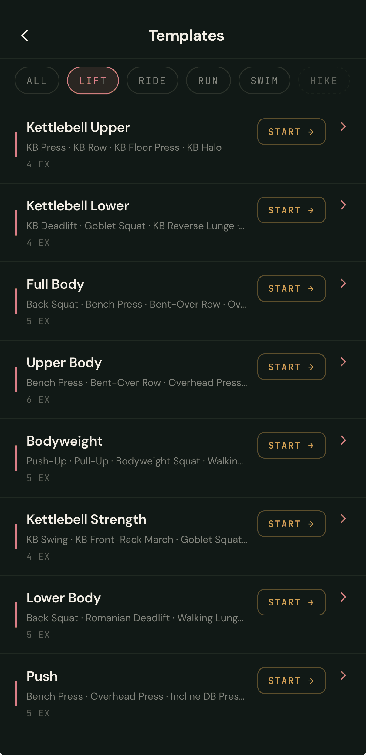 Templates library filtered to Lift: Kettlebell Upper, Kettlebell Lower, Full Body, Upper Body, Bodyweight, Kettlebell Strength, Lower Body, Push