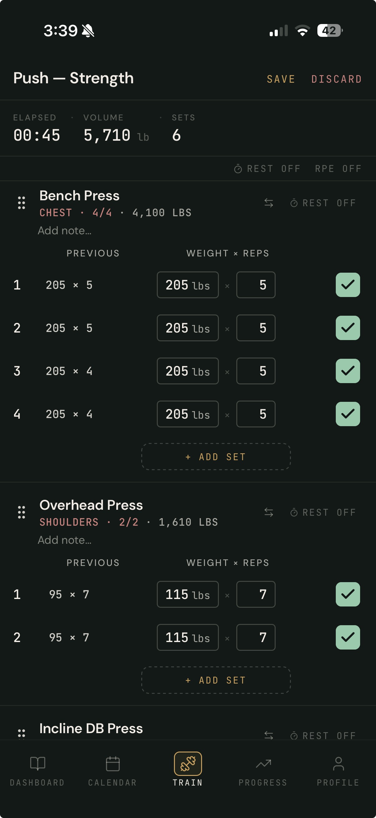 Logging a push session: sets, reps, previous, rest timer, and RPE